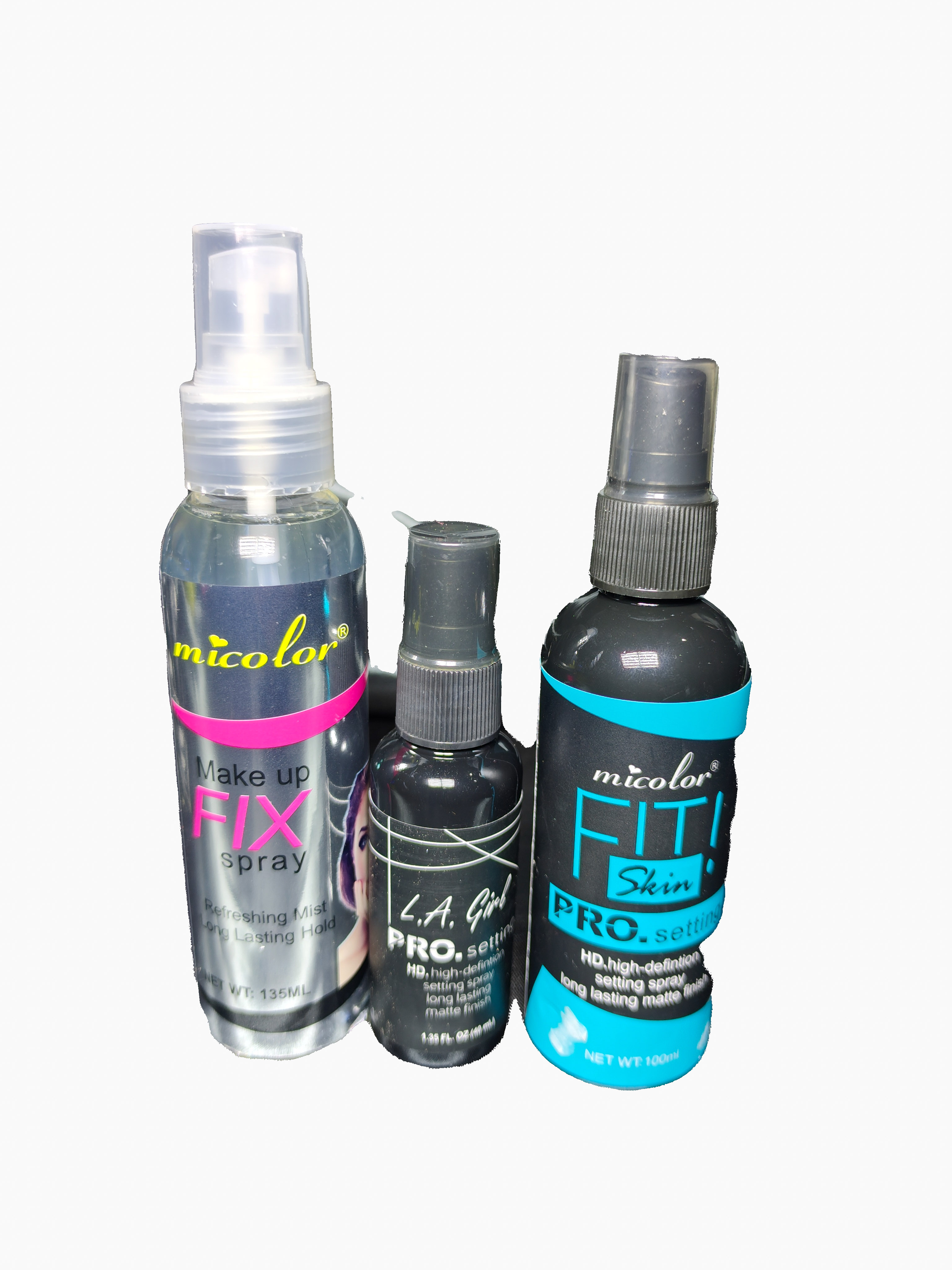 Micolor Make Up Fix Spray Refreshing Mist 135ml + Micolor FIT Skin PRO Setting HD Matte Finish 100ml + L.A. Girl PRO Setting HD High Definition Long Lasting Matte Finish Spray 30ml Makeup Setter
