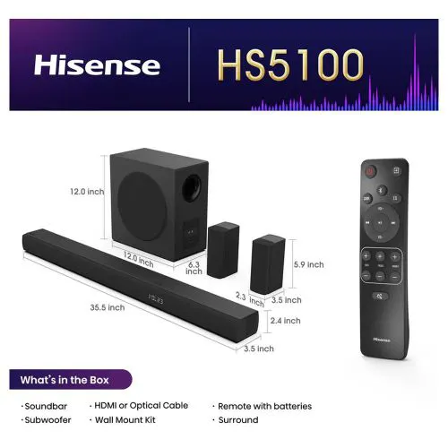 HISENSE HS5100 SOUNDBAR 5.1 CHANNEL SOUNDBAR 540W DTS WITH WIRELESS SUBWOOFER-1 YEAR WARRANTY