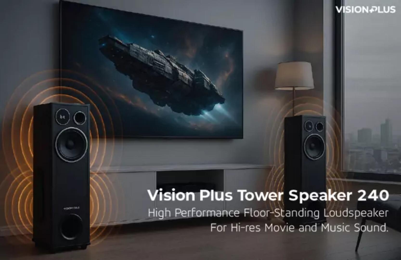 Vision Plus VP2060TS Tower Speaker 240W with versatile connectivity options including Bluetooth, USB, AUX, and HDMI-1 year warranty