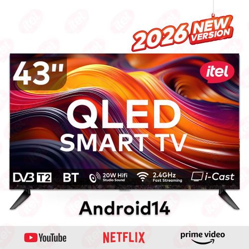 Itel 43 Inch QLED Smart TV Full HD, WiFi, Bluetooth, Frameless Display, Netflix, YouTube, Prime Video, Built-in Decoder, HDR Picture Quality, Energy Saving Television+FREE TV GUARD AND WALLBRACKET