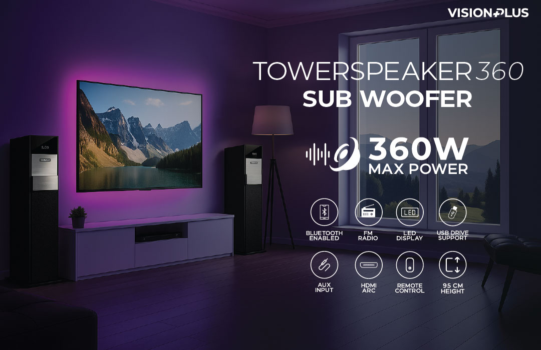 Vision Plus VP2080TS 360W Tower Speaker – Handcrafted Wood Cabinet, Dual 8" Subwoofers, Bluetooth, HDMI, USB, FM Radio, LED Display + 2YRS WRTY