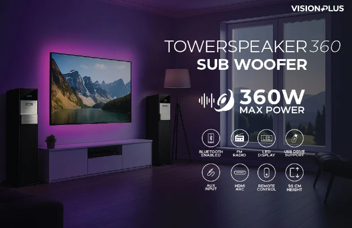 Vision Plus VP2080TS 360W Tower Speaker – Handcrafted Wood Cabinet, Dual 8" Subwoofers, Bluetooth, HDMI, USB, FM Radio, LED Display + 2YRS WRTY