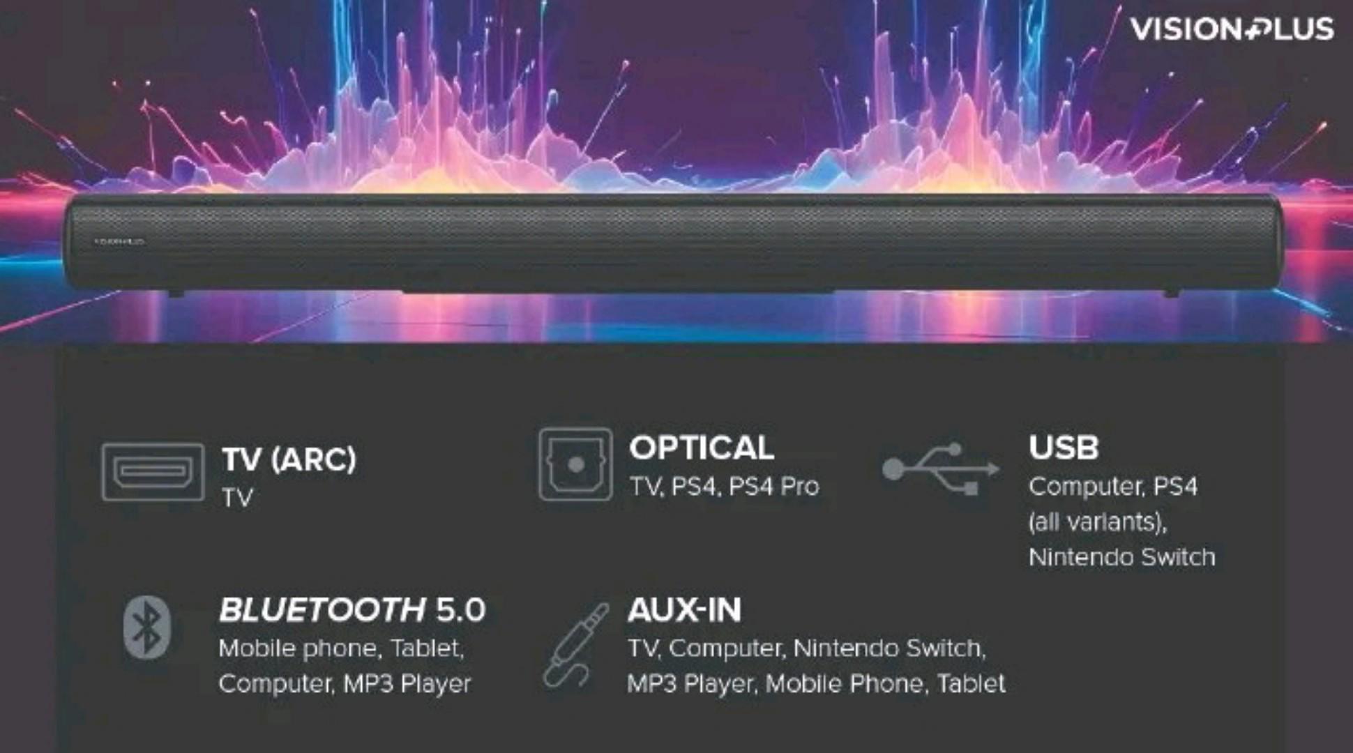 Vision plus VP2113SB 360W 2.1CH Deep Bass Soundbar – Dolby Audio, 6.5" Subwoofer, Bluetooth, HDMI ARC, Optical, USB, Home Cinema Sound + 1YR WRTY