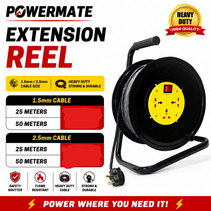 Powermate Extension ReeL features a convenient reel design for organized cable storage and easy portability. Its extended cable provides flexible access to power