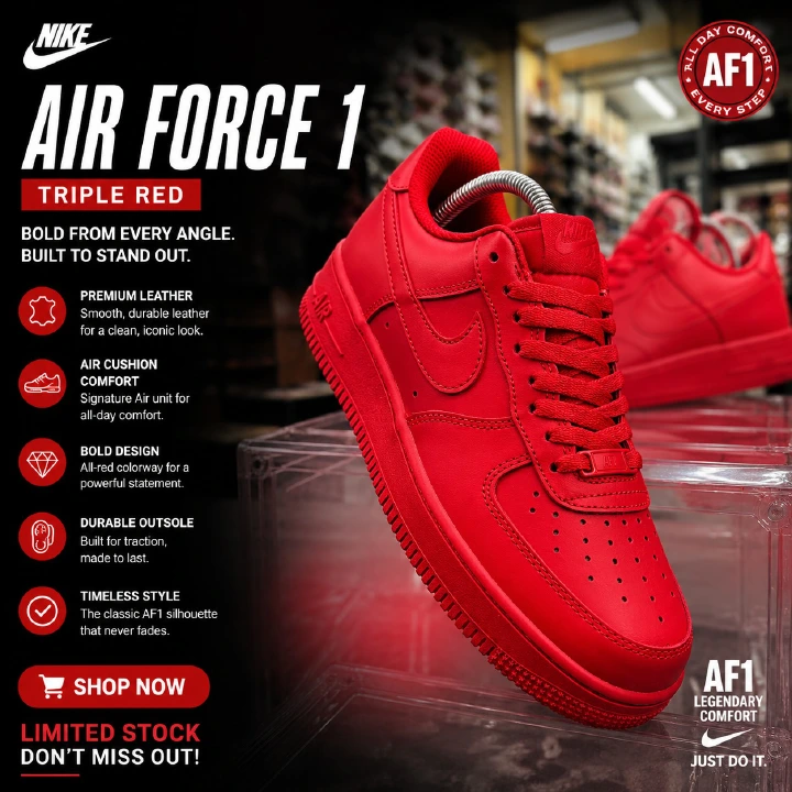 🔥(ON OFFER) 🔥 Customized Air Force 1, Airforce Triple Red Sneakers – Luxury Women’s Fashion Sneakers, Customized Airforce 1 | Trendy Casual Streetwear Shoes | Stylish Designer-Inspired AF1 Trainers