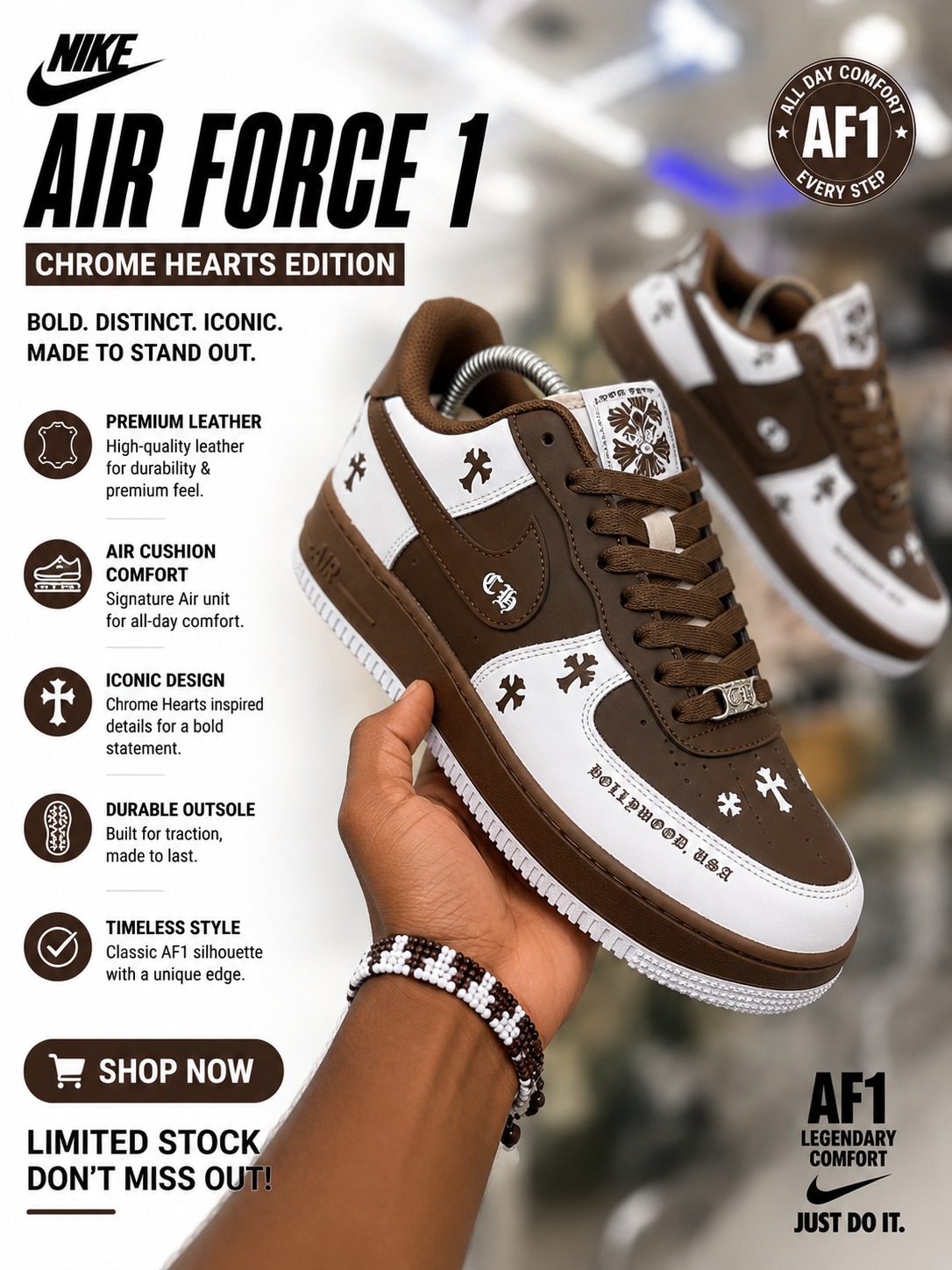 🔥(ON OFFER) 🔥 Customized Air Force 1 Chrome Hearts Green & White Sneakers – Luxury Women’s Fashion Sneakers, Customized Airforce 1 | Trendy Casual Streetwear Shoes | Stylish Designer-Inspired AF1