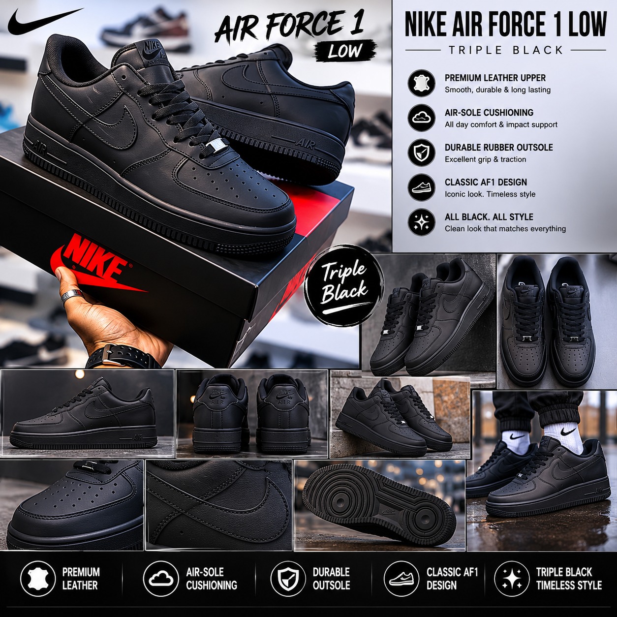 🔥(ON OFFER) 🔥 Customized Air Force 1 low cut Triple Black Airforce boot |  Ladies Sneakers – Luxury Women’s Fashion Sneakers, Customized Airforce 1 | Trendy Casual Streetwear Shoes | Stylish Design