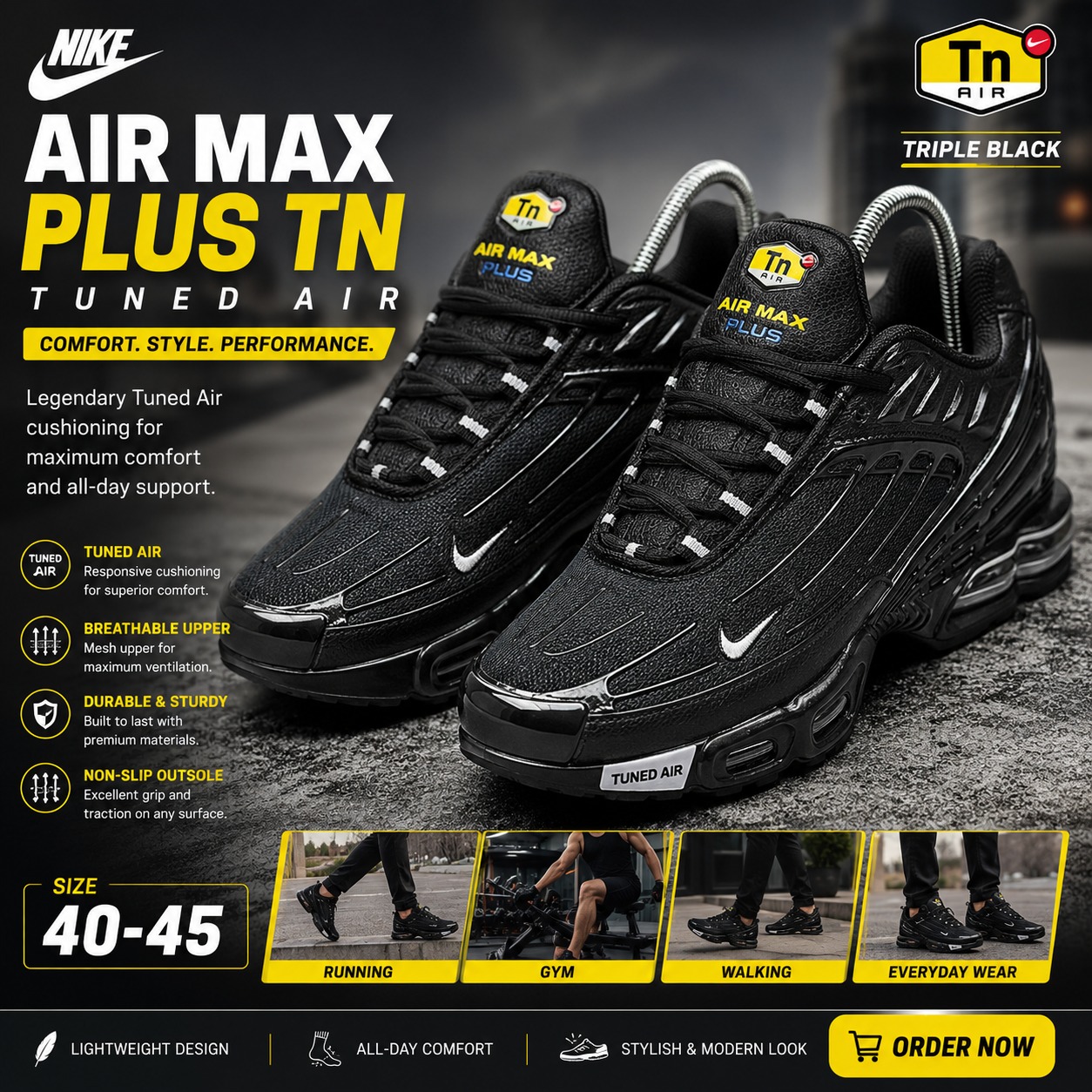 🔥 (on offer) NIKE Air Max Tuned Air Tn Black Edition  – Dynamic Air Comfort Running Sneakers Multi Colour Customized Airmax Dn Plus with a fashionable Classy fit. Best shop for Jordans, Airforce,