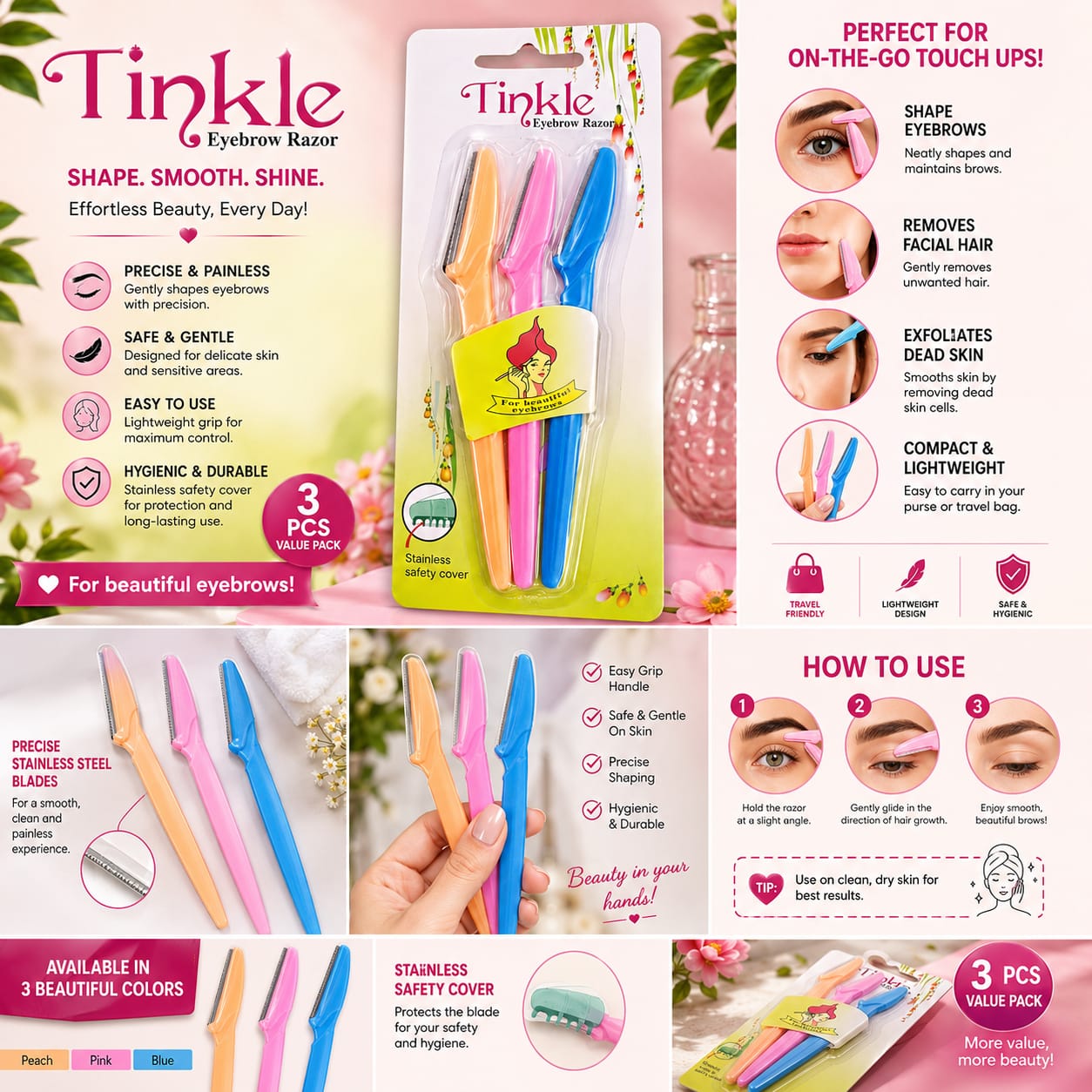 🔥 Tinkle Eyebrow Razor 3-Piece Set – Precision Eyebrow Trimmer & Facial Hair Remover | Stainless Steel Safety Blade | Safe, Painless & Portable Dermaplaning Razors for Women | Perfect for Eyebrows, P