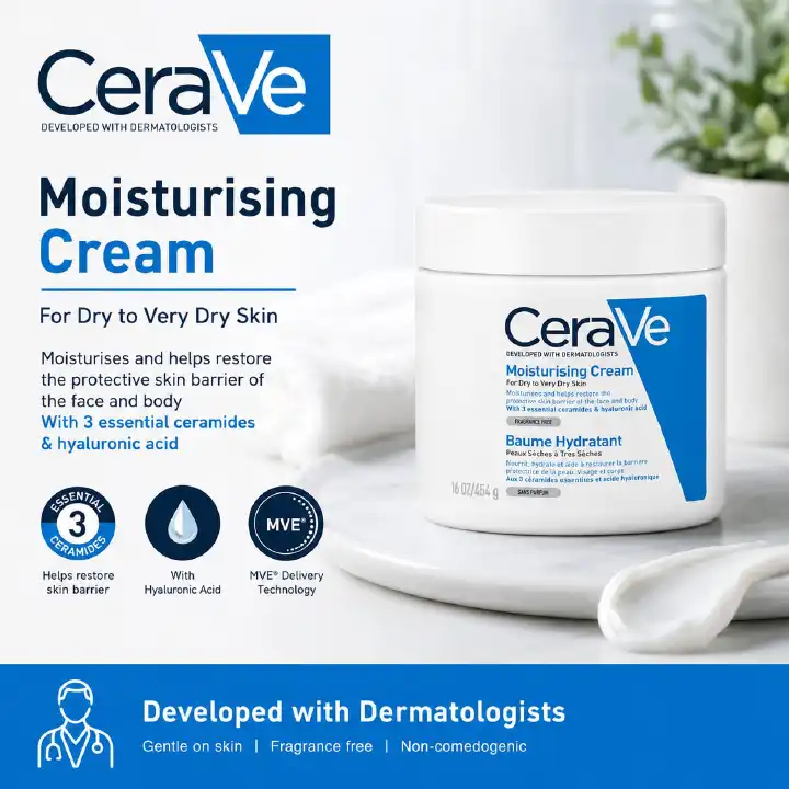 CeraVe 454G Moisturising Cream for dry to very dry skin, Very Gentle on the Skin.