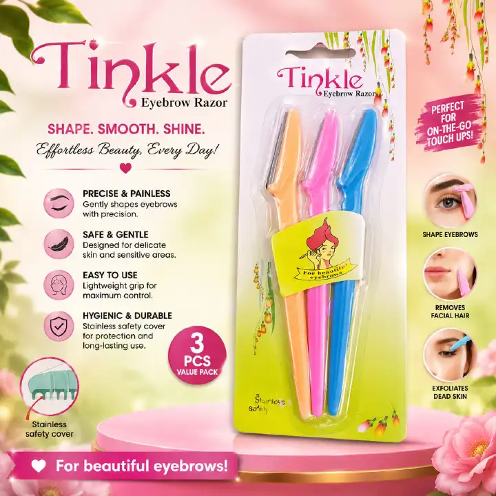 🔥 Tinkle Eyebrow Razor 3-Piece Set – Precision Eyebrow Trimmer & Facial Hair Remover | Stainless Steel Safety Blade | Safe, Painless & Portable Dermaplaning Razors for Women | Perfect for Eyebrows, P