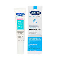 Luron Derma Clear Acne Control Spot Fix Gel, a 15 mL (0.51 fl. oz.) topical product labeled with 2% salicylic acid and key ingredients like tea tree oil, lemon extract, and iris root.