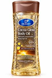 Dr. Davey Cocoa Glow Body Oil (200ml / 6.8 Fl. Oz.), a moisturizing body gel oil formulated with pure cocoa butter designed for up to 48 hours of moisture care and a natural glow