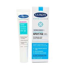 Luron Derma Clear Acne Control Spot Fix Gel, a 15 mL (0.51 fl. oz.) topical product labeled with 2% salicylic acid and key ingredients like tea tree oil, lemon extract, and iris root.