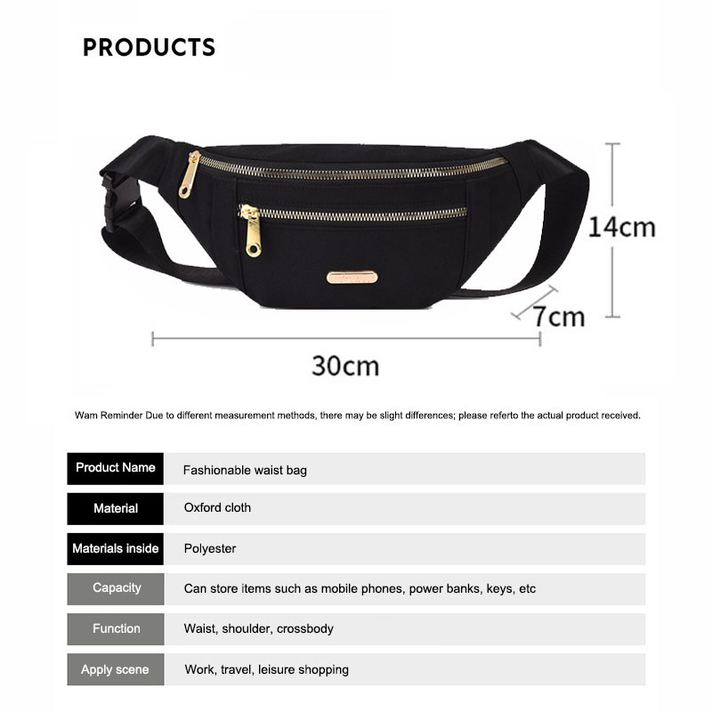 Women's waist bag, waterproof waist bag with adjustable shoulders, Oxford cloth waterproof shoulder bag, multi-layer waist bag suitable for travel, sports and running