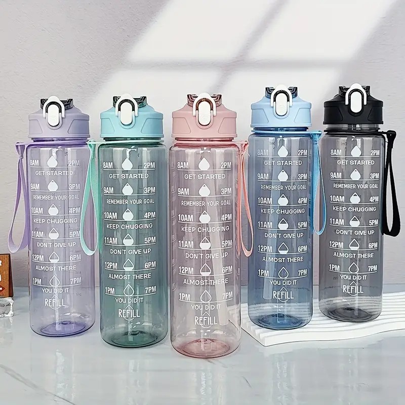Sports Water Bottle900ml Large Capacity  Leak-Proof Colorful Power through marathon gym sessions,  BPA-free transparent plastic sports water bottle featuring flip-straw leak-proof lid that prevents ba