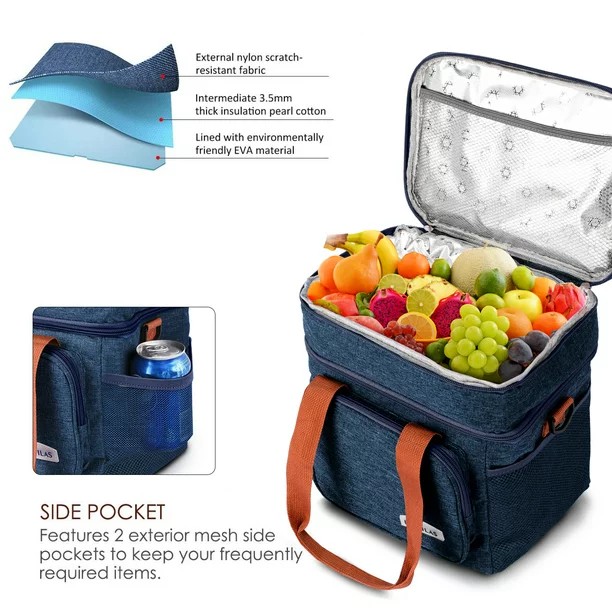 15L Double Compartment Insulated Lunch Bag – Large Thermal Cooler Bag with Removable Shoulder Strap, Durable Multi-Pocket Food Storage Carrier for Work, Hiking, Picnic, Beach, Fishing & Outdoor Activi