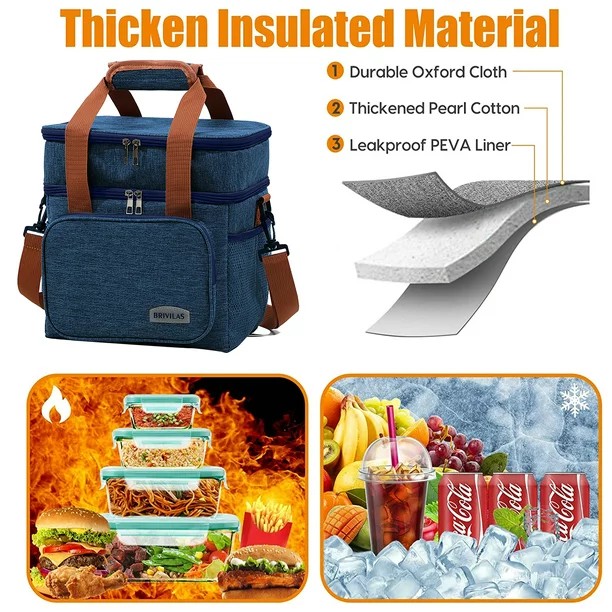 15L Double Compartment Insulated Lunch Bag – Large Thermal Cooler Bag with Removable Shoulder Strap, Durable Multi-Pocket Food Storage Carrier for Work, Hiking, Picnic, Beach, Fishing & Outdoor Activi