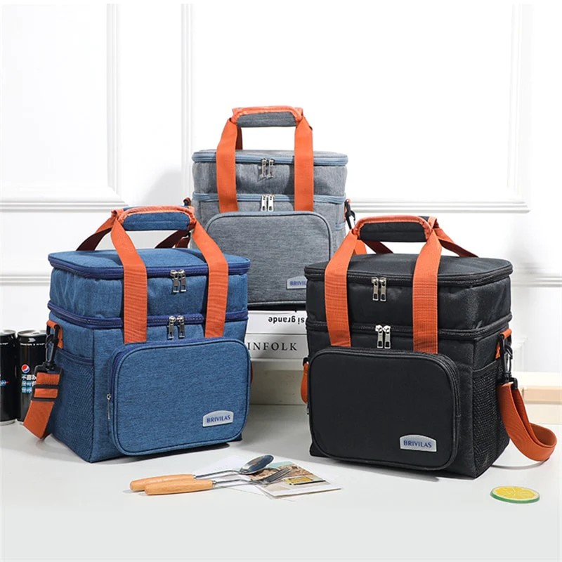 15L Double Compartment Insulated Lunch Bag – Large Thermal Cooler Bag with Removable Shoulder Strap, Durable Multi-Pocket Food Storage Carrier for Work, Hiking, Picnic, Beach, Fishing & Outdoor Activi