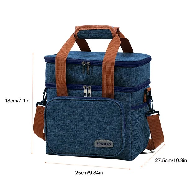 15L Double Compartment Insulated Lunch Bag – Large Thermal Cooler Bag with Removable Shoulder Strap, Durable Multi-Pocket Food Storage Carrier for Work, Hiking, Picnic, Beach, Fishing & Outdoor Activi