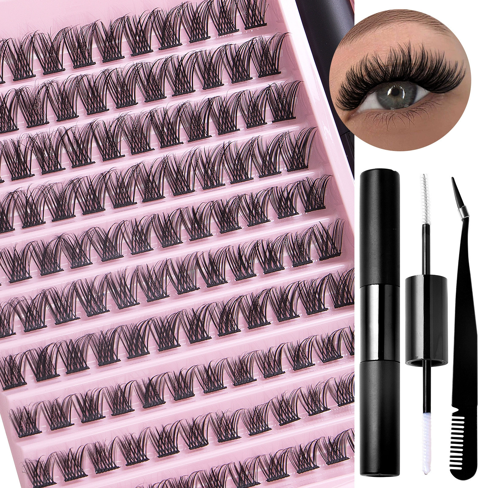 120 Clusters DIY Lash Extension Kit, Handmade PBT Individual Lashes with 2-in-1 Bond & Seal Glue and Curved Lash Tweezer