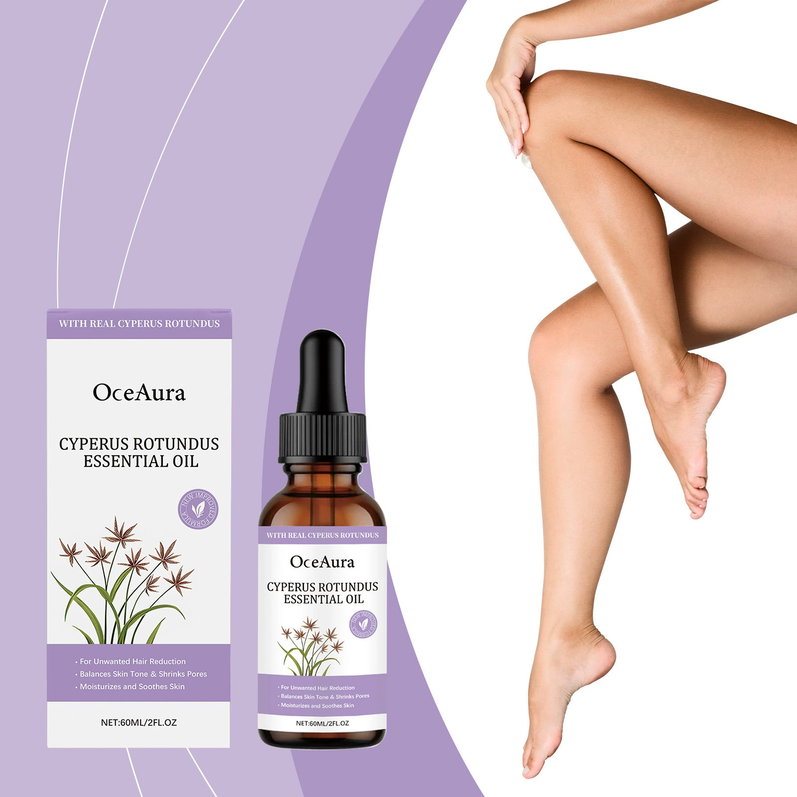 OceAura Cyperus Rotundus Essential Oil, Multi-Effect Body Care Oil for Unwanted Hair Management, Pore Minimizing & Skin Soothing, 60ml