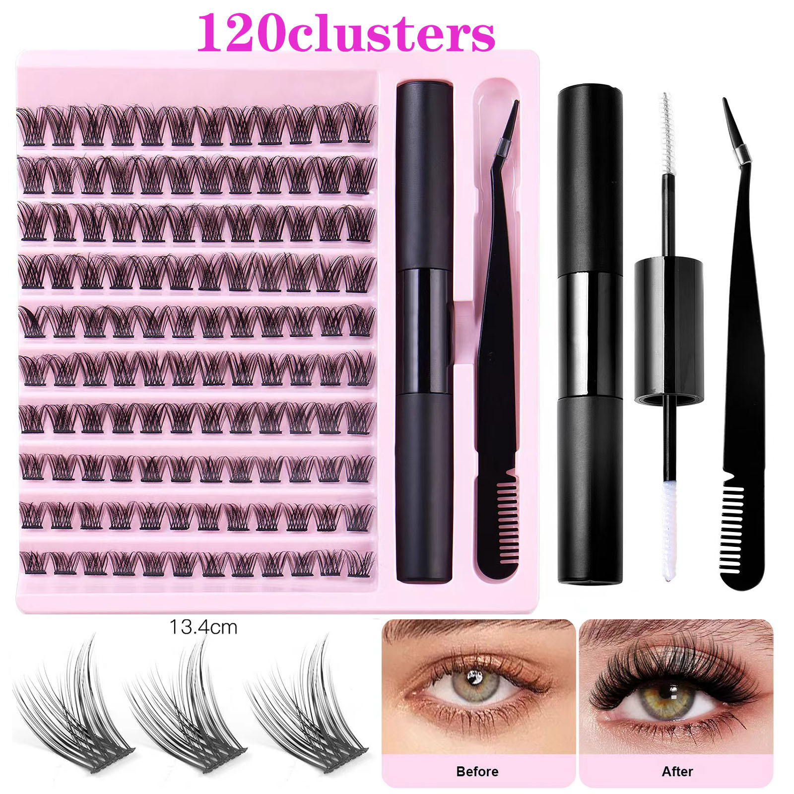 120 Clusters DIY Lash Extension Kit, Handmade PBT Individual Lashes with 2-in-1 Bond & Seal Glue and Curved Lash Tweezer