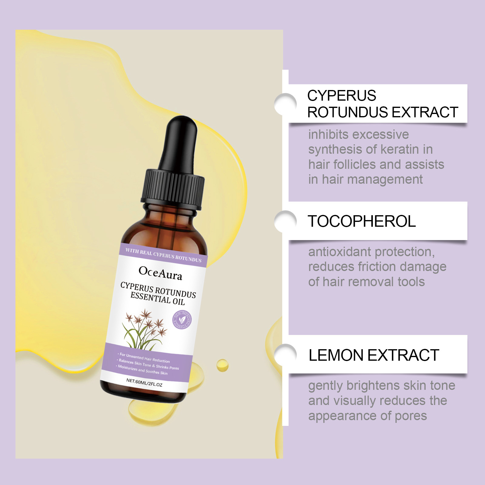 OceAura Cyperus Rotundus Essential Oil, Multi-Effect Body Care Oil for Unwanted Hair Management, Pore Minimizing & Skin Soothing, 60ml