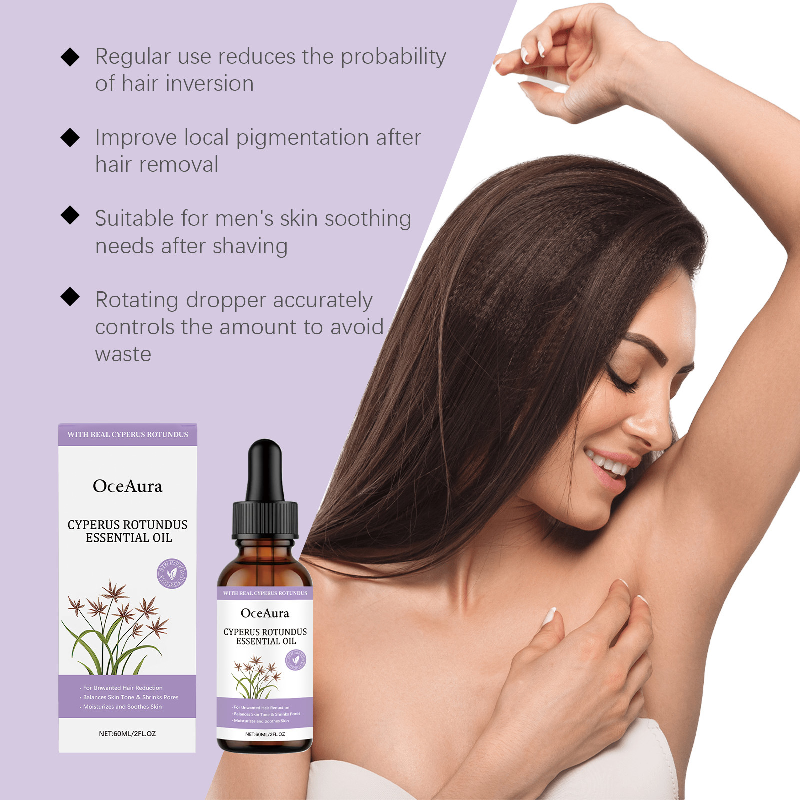 OceAura Cyperus Rotundus Essential Oil, Multi-Effect Body Care Oil for Unwanted Hair Management, Pore Minimizing & Skin Soothing, 60ml