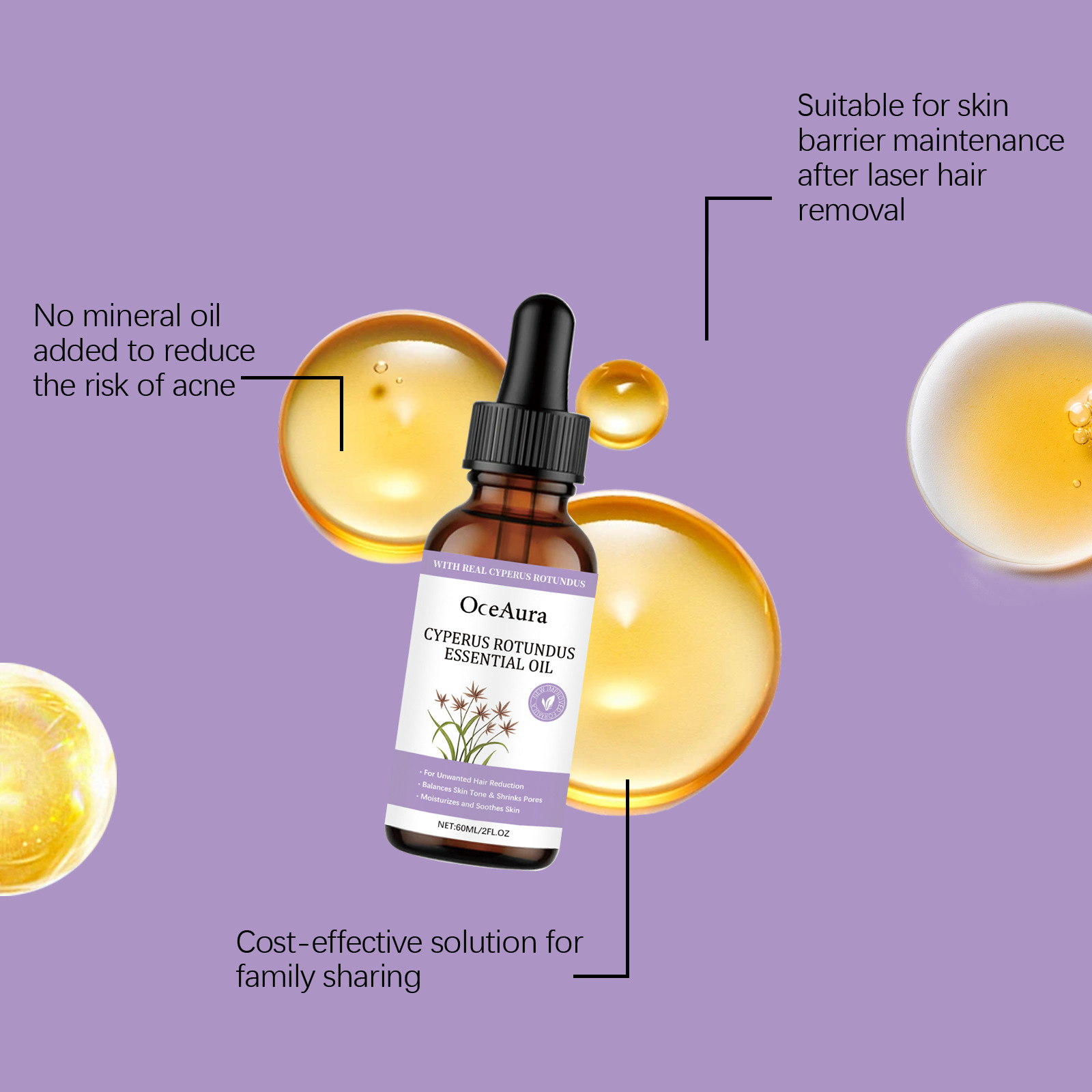 OceAura Cyperus Rotundus Essential Oil, Multi-Effect Body Care Oil for Unwanted Hair Management, Pore Minimizing & Skin Soothing, 60ml