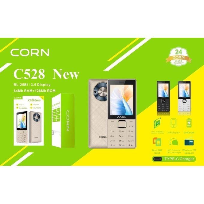 LIMITED OFFER!! CORN T528:| 3.0" QVGA LCD Screen | 64MB RAM+128MB Storage Expandable Upto 32GB | 2500mAh Battery | Dual SIM | Torch | 2.0MP Camera | 1000 Contacts & 1000 Messages | FM Radio | Kabambe