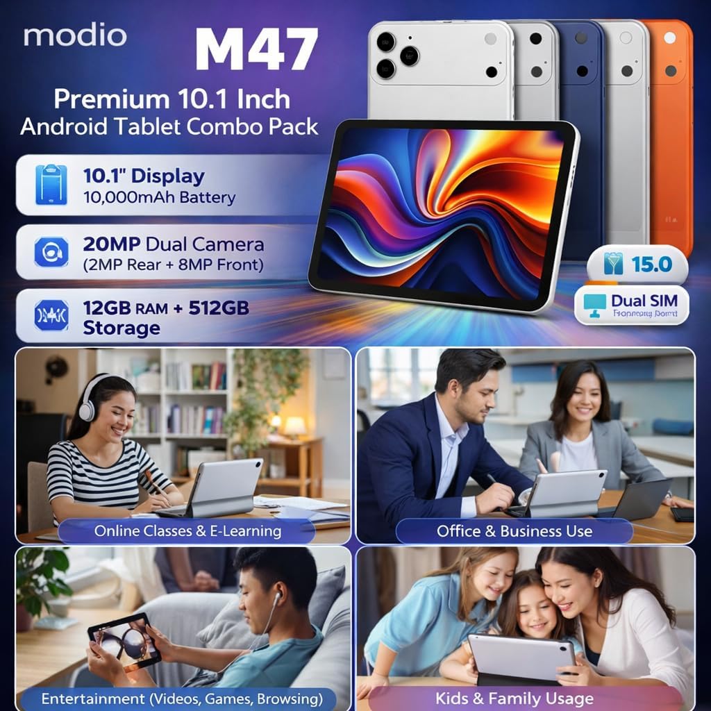 LIMITED OFFER!! MODIO M47 5G TABLET: | 10.1-Inch HD IPS Display | 12GB RAM+512GB Storage | 10000mAh Battery | 20MP Rear & 8MP Selfie Camera | Android 15 | Dual SIM+WiFi | Bluetooth | - Tablets