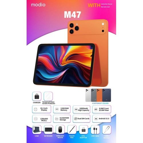 LIMITED OFFER!! MODIO M47 5G TABLET: | 10.1-Inch HD IPS Display | 12GB RAM+512GB Storage | 10000mAh Battery | 20MP Rear & 8MP Selfie Camera | Android 15 | Dual SIM+WiFi | Bluetooth | - Tablets