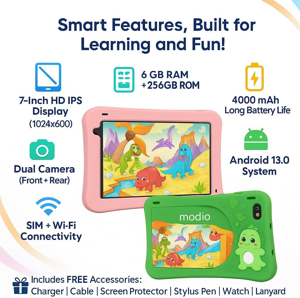HOT DEALS!! MODIO M796 5G KID'S TABLET: | 7-Inch HD Display | 6GB RAM+256GB Storage | 4000mAh Battery | 5MP Rear & 2MP Selfie Camera | Android 13 | Single SIM+WiFi | Bluetooth | Stylus Pen | - Tablets