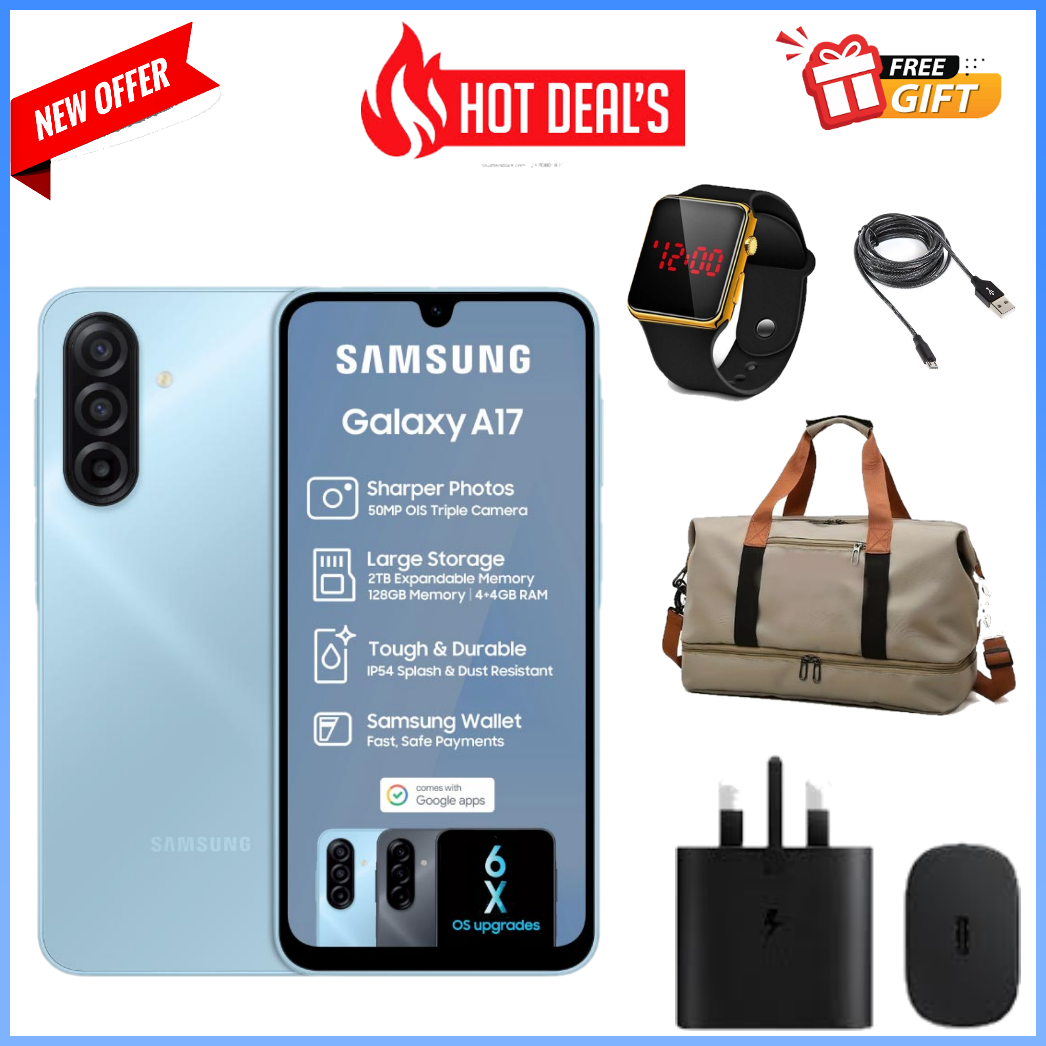 HOT DEALS!! Samsung Galaxy A17 256GB/128GB+4GB/6GB/8GB 6.7" Super AMOLED Display 50MP Triple Camera Android 15 IP54 Waterproof 5000mAh Samsung A17, A17 Samsung Smart Phones phone+FREE GIFTS