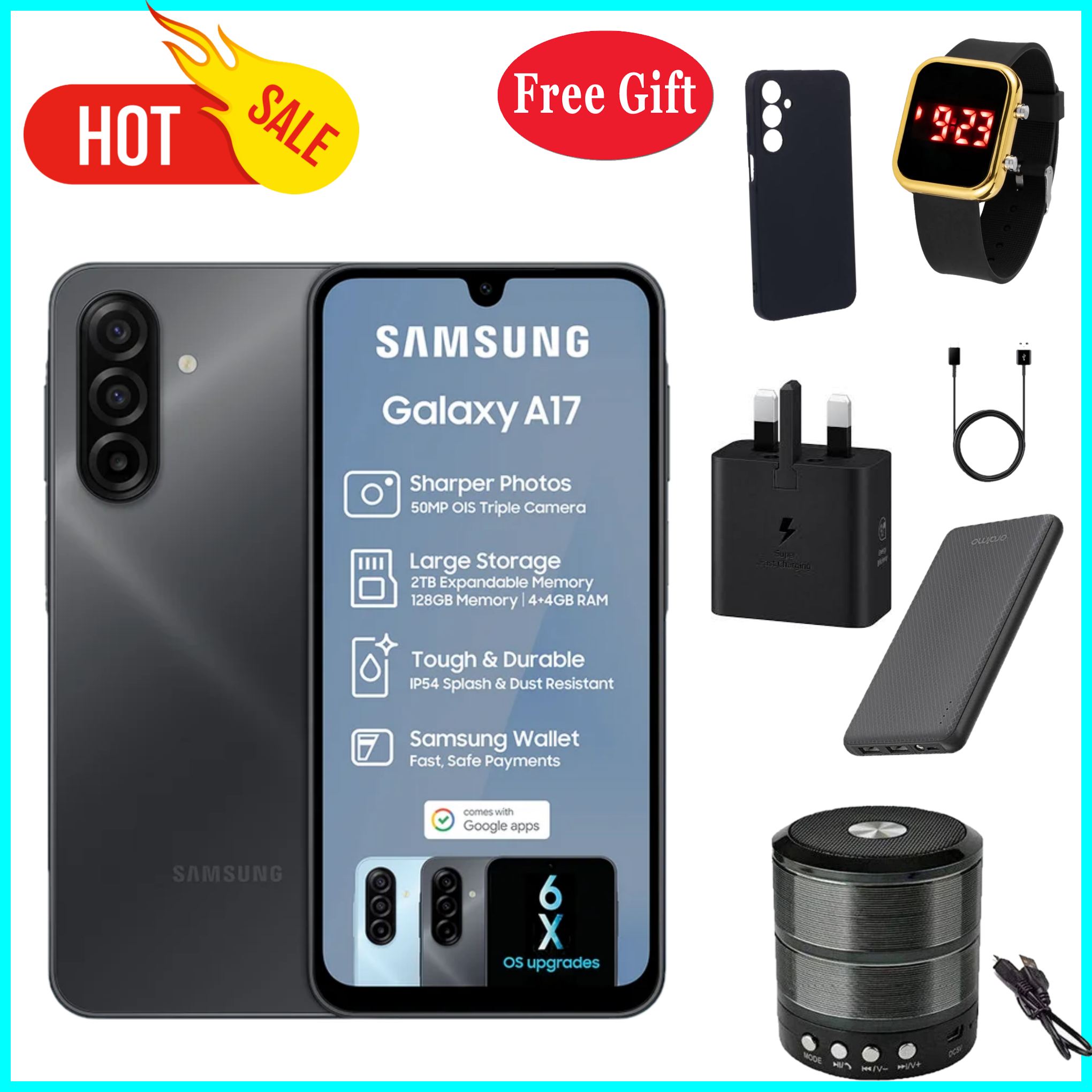 HOT DEALS!!!Samsung Galaxy A17 128GB+4GB 6.7" Super AMOLED Display Mediatek Helio G99 50MP Triple Camera Android 15 IP54 Waterproof 5000mAh 25W Type-C Charge AI Smart Phones phone+FREEBIES
