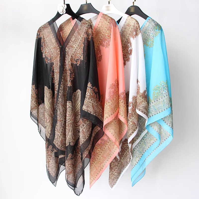 Beach Sun Protection Shawl Fashion Women Clothes Summer Beach Bikini Cover Up Loose Chiffon Blouse Shawl Scarf With Buttons Sheer Chiffon Sleeve Tropical Style Beach Sunproof Wrap for Africa
