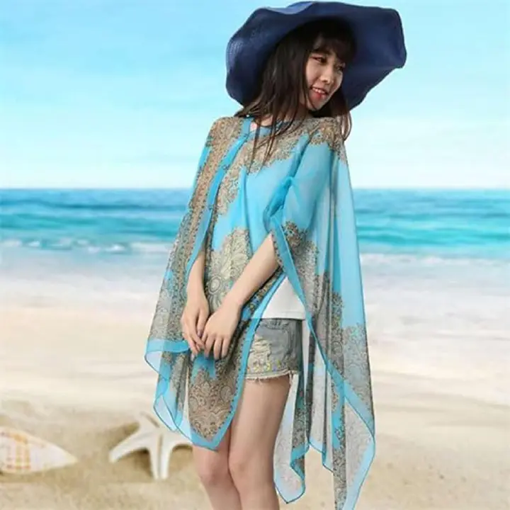 Beach Sun Protection Shawl Fashion Women Clothes Summer Beach Bikini Cover Up Loose Chiffon Blouse Shawl Scarf With Buttons Sheer Chiffon Sleeve Tropical Style Beach Sunproof Wrap for Africa