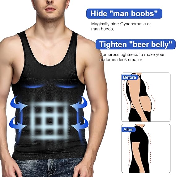 Mens Compression Shirt Slimming Body Shaper Vest Workout Tank Tops Abs Abdomen Undershirts tummy Waist Control Vest Top Sleeveless Short sleeve Waist Trainer Tummy Control Men vest S-3XXXL