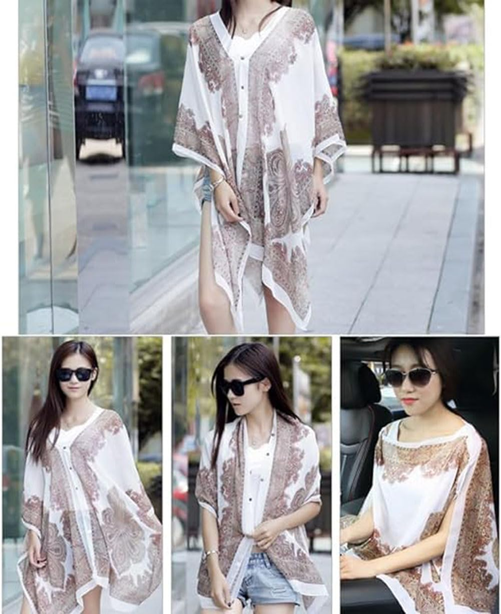 Beach Sun Protection Shawl Fashion Women Clothes Summer Beach Bikini Cover Up Loose Chiffon Blouse Shawl Scarf With Buttons Sheer Chiffon Sleeve Tropical Style Beach Sunproof Wrap for Africa