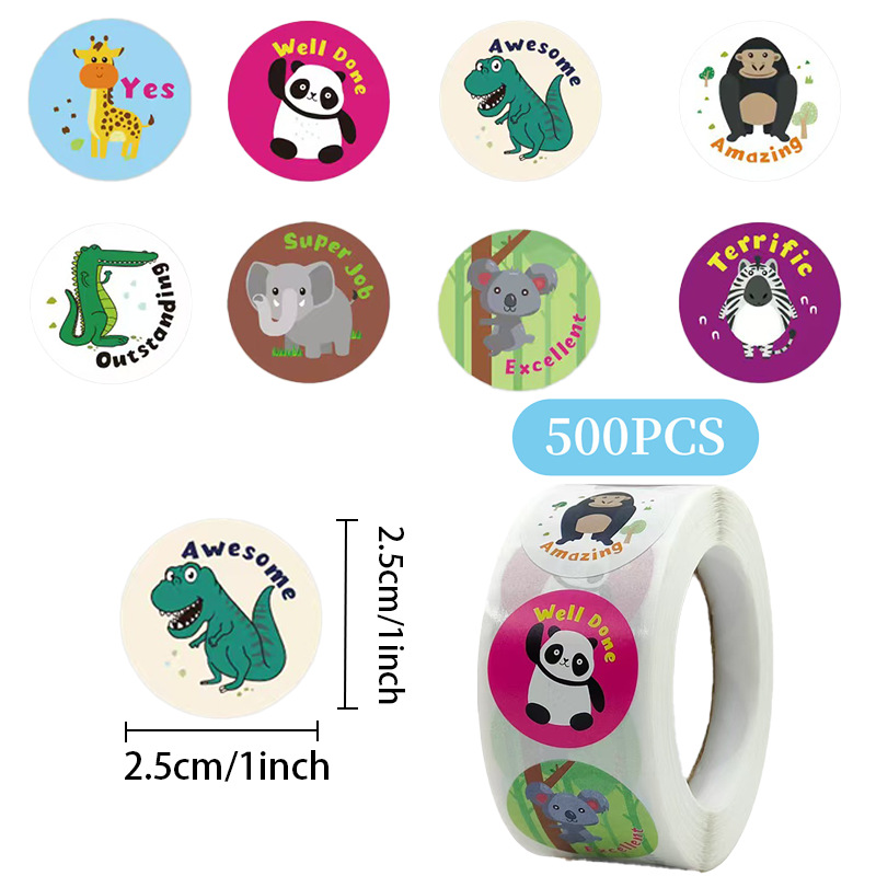 500pcs Animal Stickers for Kids English Design for Kids Reward,Self-Adhesive Sealing Stickers,Washi Tape for Journal Supplies & DIY Craft  for Toddlers 2-4 School Supplies (1.0 Inch)