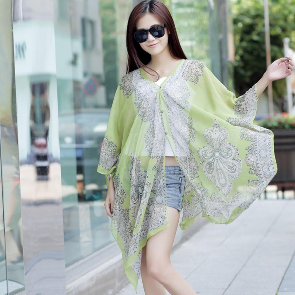 Beach Sun Protection Shawl Fashion Women Clothes Summer Beach Bikini Cover Up Loose Chiffon Blouse Shawl Scarf With Buttons Sheer Chiffon Sleeve Tropical Style Beach Sunproof Wrap for Africa