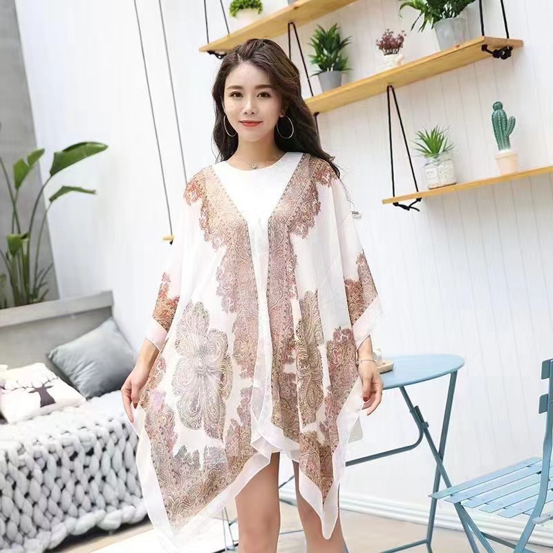 Beach Sun Protection Shawl Fashion Women Clothes Summer Beach Bikini Cover Up Loose Chiffon Blouse Shawl Scarf With Buttons Sheer Chiffon Sleeve Tropical Style Beach Sunproof Wrap for Africa