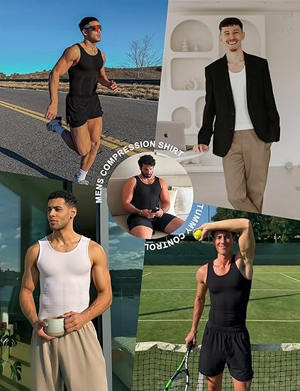 Mens Compression Shirt Slimming Body Shaper Vest Workout Tank Tops Abs Abdomen Undershirts tummy Waist Control Vest Top Sleeveless Short sleeve Waist Trainer Tummy Control Men vest S-3XXXL