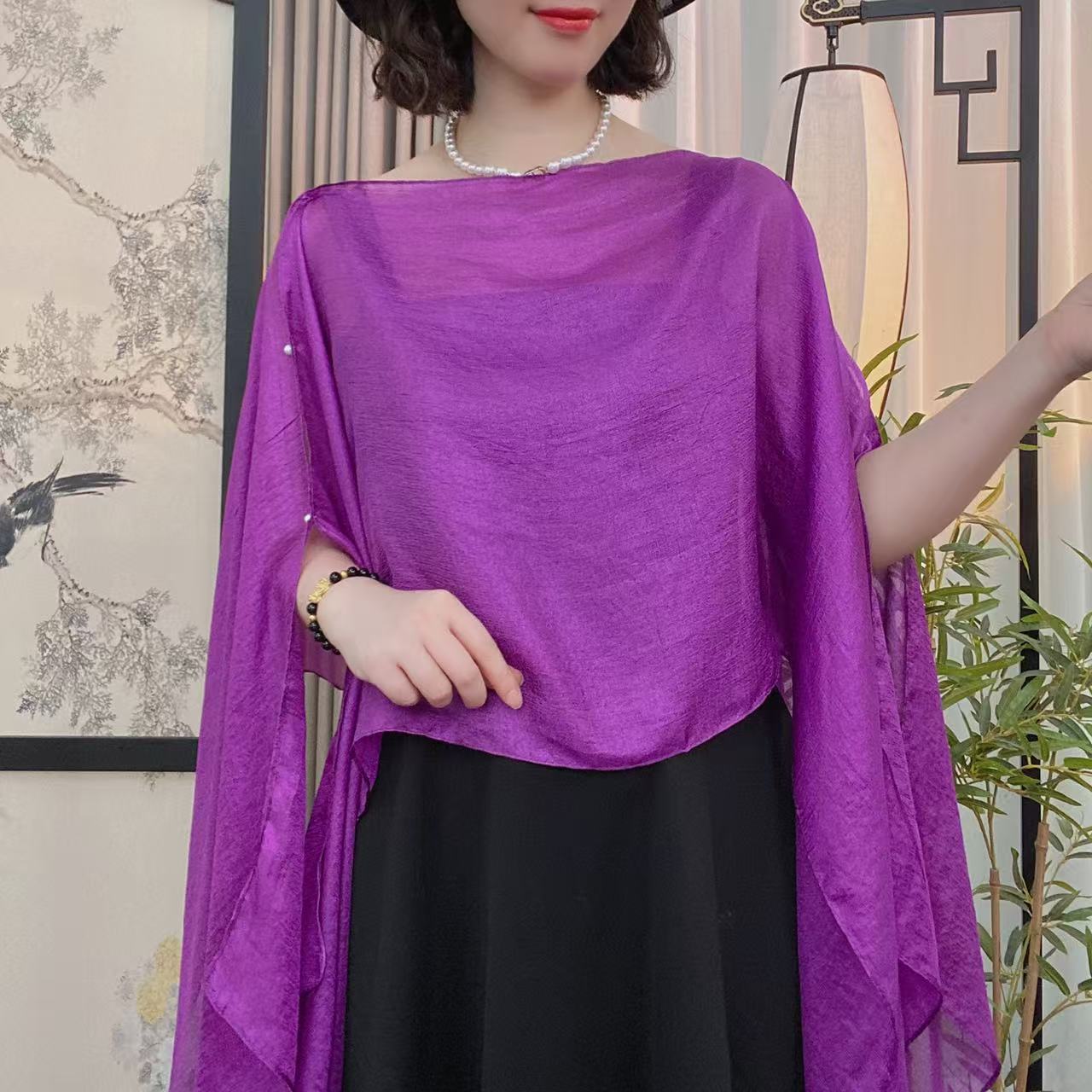 6 Ways to Wear Cape Shawls and Wraps Cover Up-French Style Sun Protection Shawl,Women's Lightweight Sheer Chiffon Breathable Wrap,Beach Sunproof Shawl with Sleeves-with Video for Wear Tutorial
