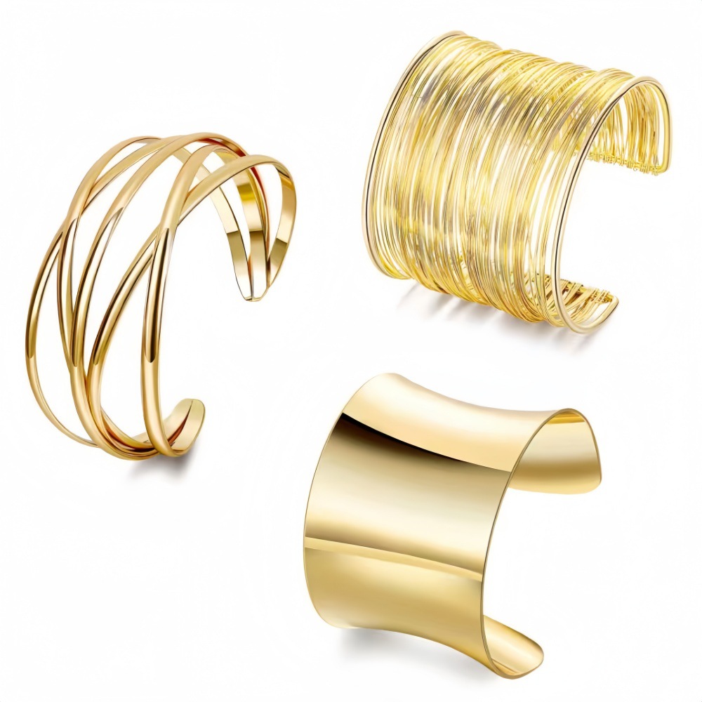 MS 3PCS Gold plated Chunky Cuff Bracelets for Women Irregular Minimalist Statement Bangle Bracelets Set Open Wide Bangle Arm Cuff Upper Arm Punk Jewelry