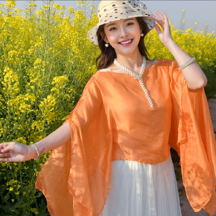 6 Ways to Wear Cape Shawls and Wraps Cover Up-French Style Sun Protection Shawl,Women's Lightweight Sheer Chiffon Breathable Wrap,Beach Sunproof Shawl with Sleeves-with Video for Wear Tutorial