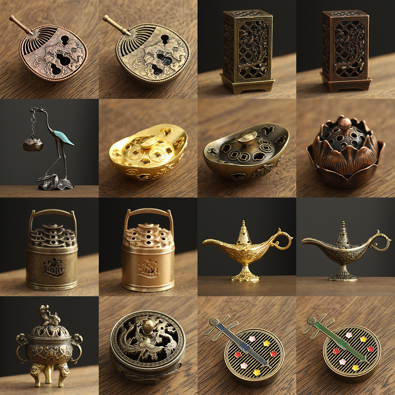 New‑Chinese Style17types Copper Alloy Incense Burner, Square Auspicious Cloud Aromatherapy Incense Burner, Creative Home Ornament for Sandalwood Incense with Removable Ash Catchers