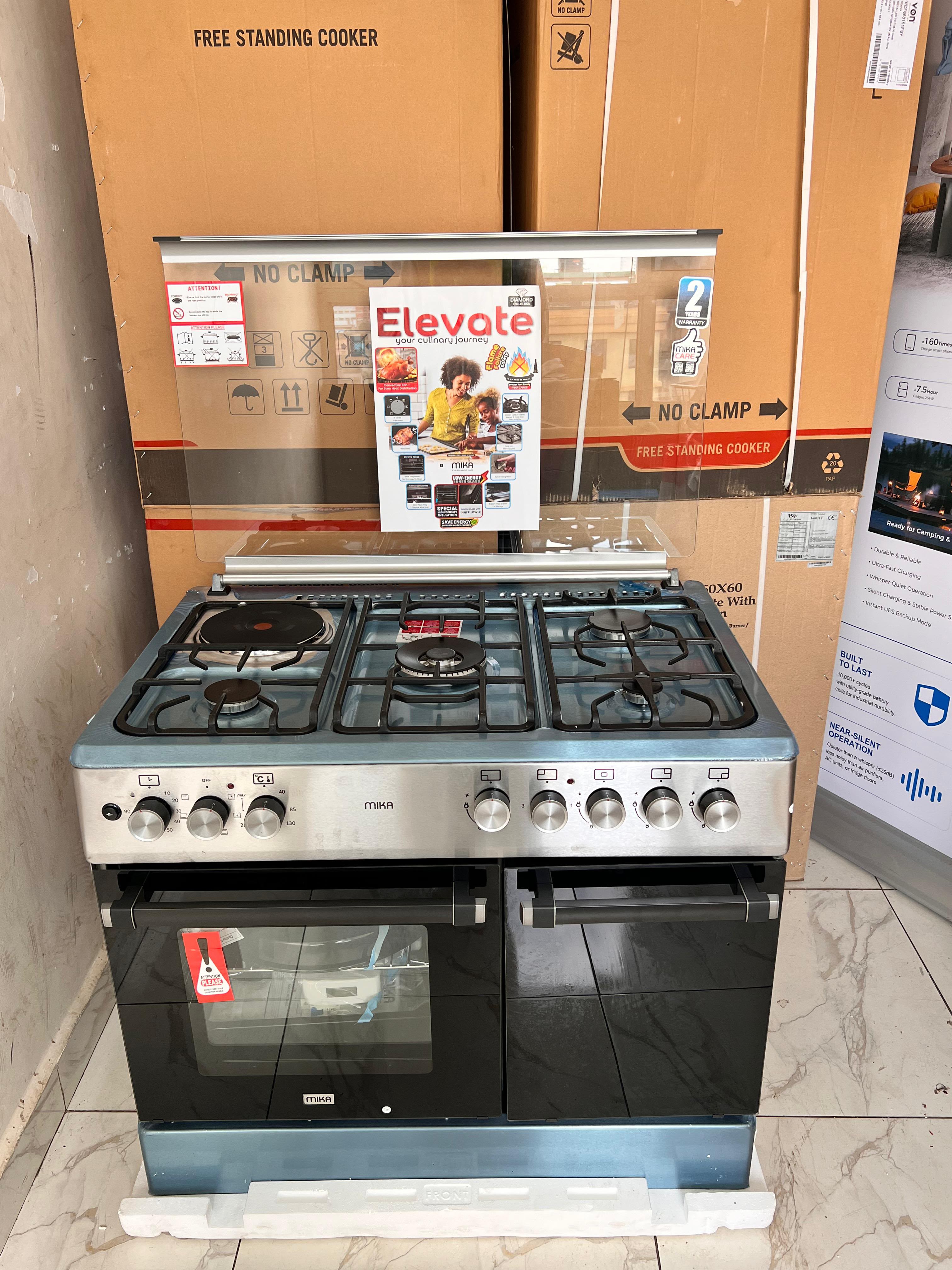 mika Standing Cooker, 90 x 60, 4 Gas Pool + 1 RAPID Hot Plate, FLAME FAILURE SAFETY, Auto Ignition, 6 Function Electric Oven (Convection Fan), Rotisserie, GAS CYLINDER CABINET