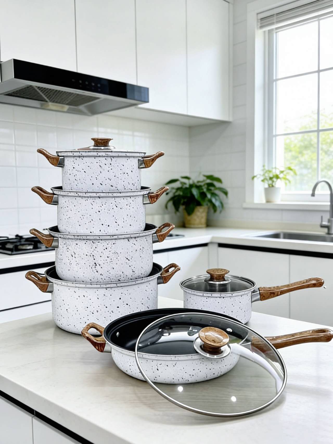 12Pcs Nonstick Cookware Set, Speckled Granite Coated Stainless Steel Cooking Pots & Pans Set, Wooden Heat-Resistant Handle Kitchen Cookware, Compatible with Induction & Gas Stove(16/18/20/24CM)
